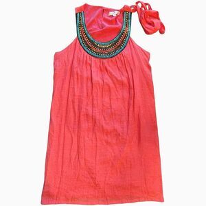 Joy Joy Sleeveless Midi Dress, Size Small, Pink with Aqua/Brown/Pink Beads